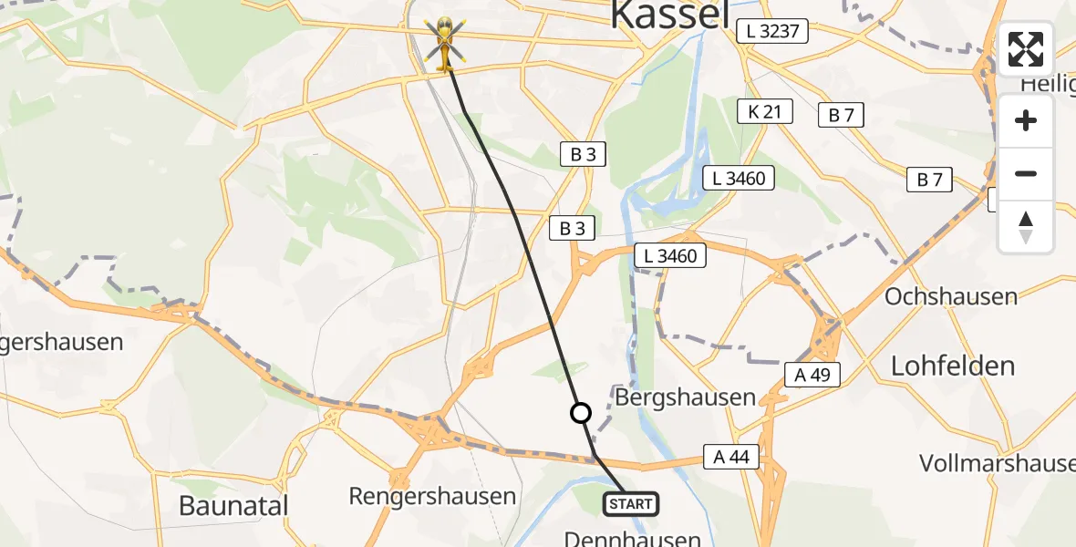 Flugroute Rettungshubschrauber Fuldabrück - Kassel, 25 Mai 2026, 11:17