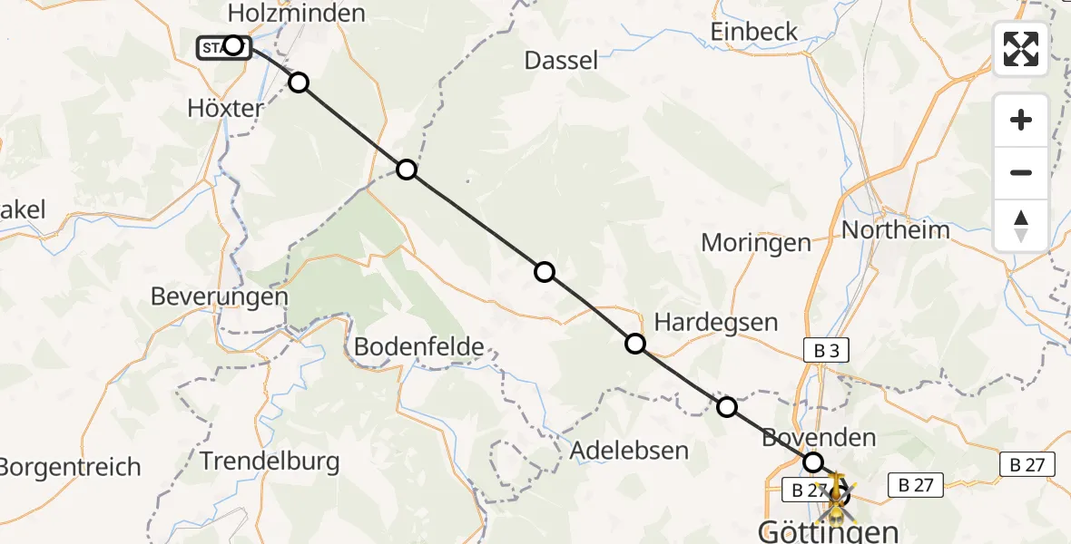 Flugroute Rettungshubschrauber Höxter-Holzminden Flugplatz - Göttingen University Clinic Hubschrauberlandeplatz, 25 Mai 2026, 11:18