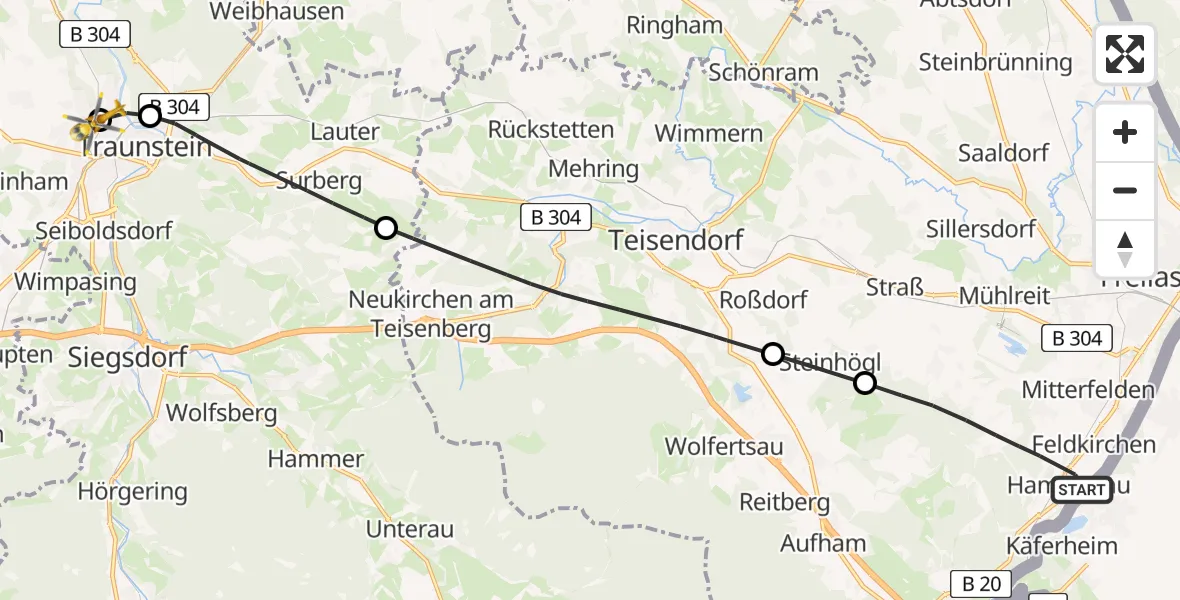 Flugroute Rettungshubschrauber Ainring - Traunstein Hospital, 25 Mai 2026, 11:20