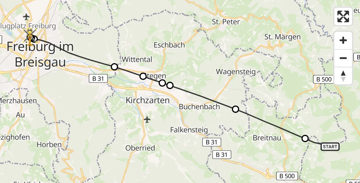 Flugroute Rettungshubschrauber Titisee-Neustadt - Freiburg University Hospital Heliport 1, 25 Mai 2026, 11:21