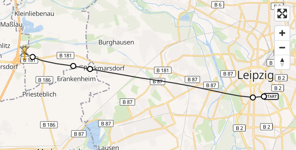 Flugroute Rettungshubschrauber Leipzig University Hospital Heliport 1 - ADAC Air Rescue Station Leipzig/Schkeuditz-Dölzig Hubschrauberlandeplatz (Christoph 61), 25 Mai 2026, 11:25