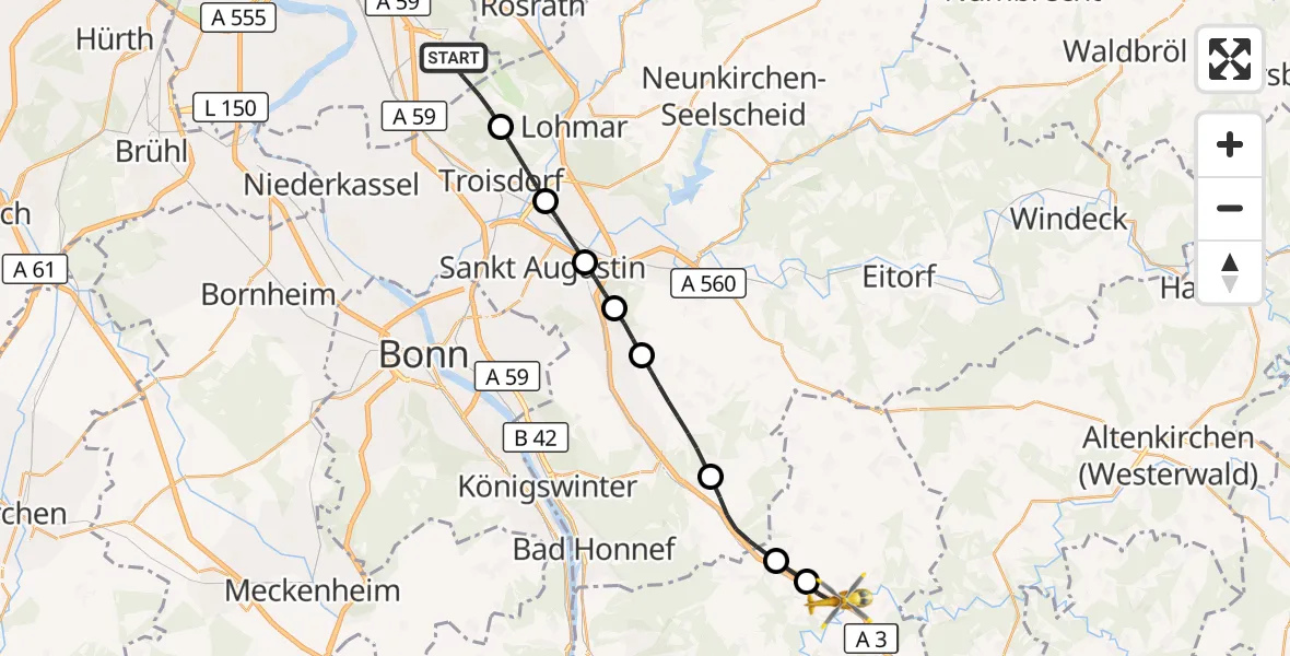 Flugroute Rettungshubschrauber Köln Bonn Flughafen - Neustadt (Wied), 25 Mai 2026, 11:26