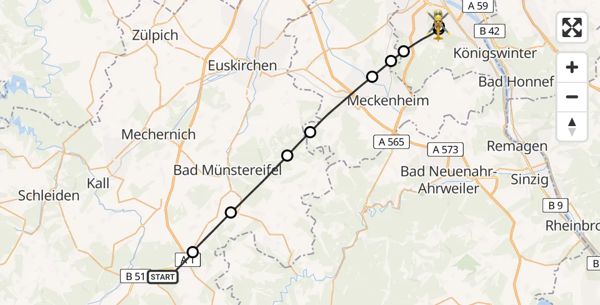 Flugroute Rettungshubschrauber Blankenheim - Bonn University Hospital, 25 Mai 2026, 11:32