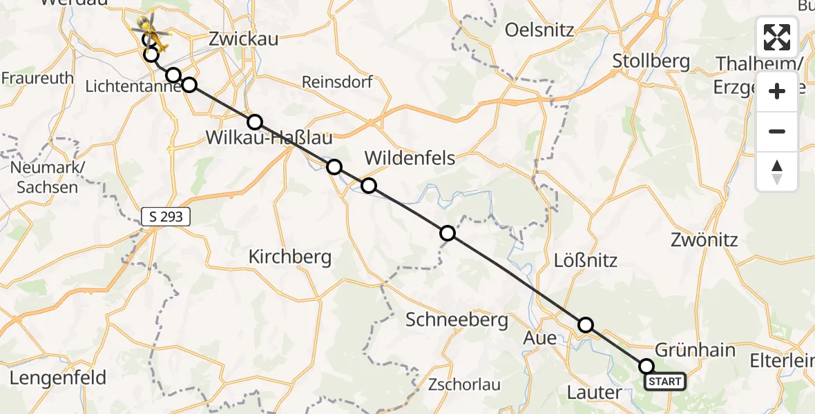 Flugroute Rettungshubschrauber Grünhain-Beierfeld - ADAC Air Rescue Station Zwickau Hubschrauberlandeplatz, 25 Mai 2026, 11:36
