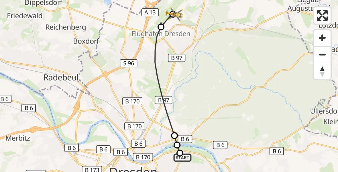 Flugroute Rettungshubschrauber Dresden University Hospital - Dresden Bundespolizei Hubschrauberlandeplatz, 25 Mai 2026, 11:40