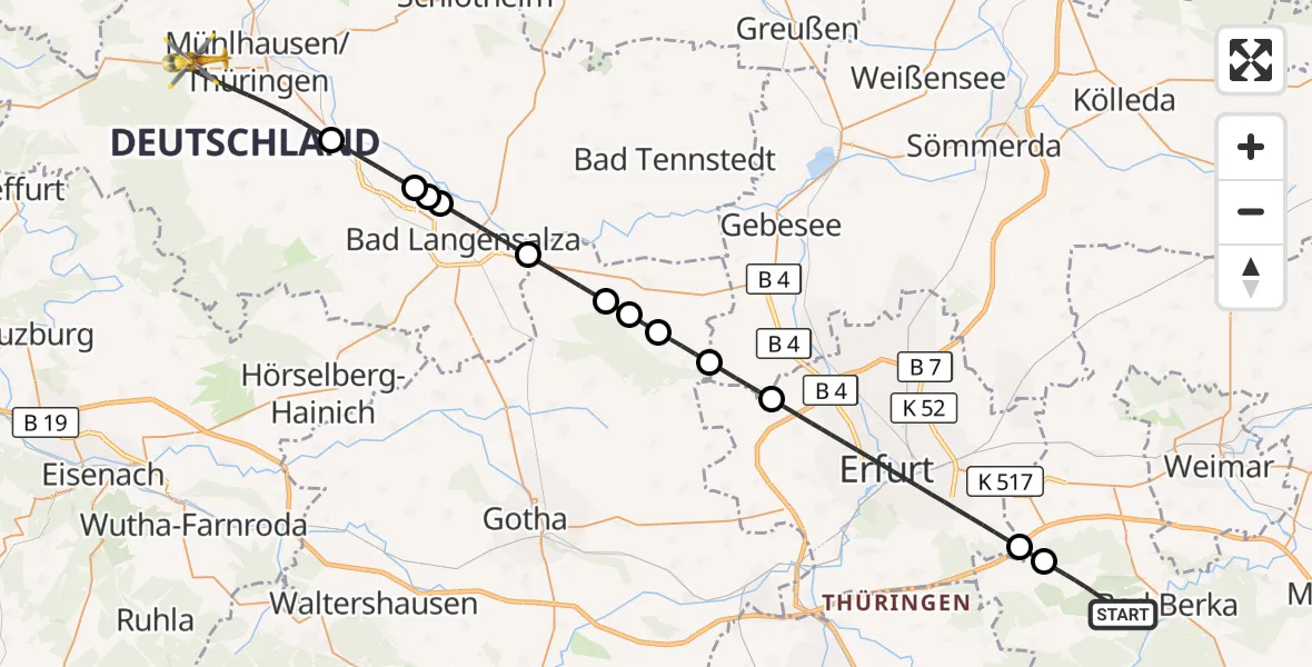 Flugroute Ambulanzhubschrauber Bad Berka - Mühlhausen/Thüringen, 25 Mai 2026, 11:43
