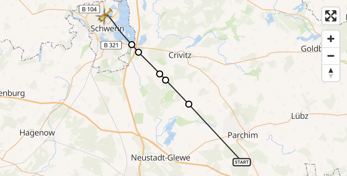 Flugroute Rettungshubschrauber Parchim - Schwerin, 25 Mai 2026, 11:44