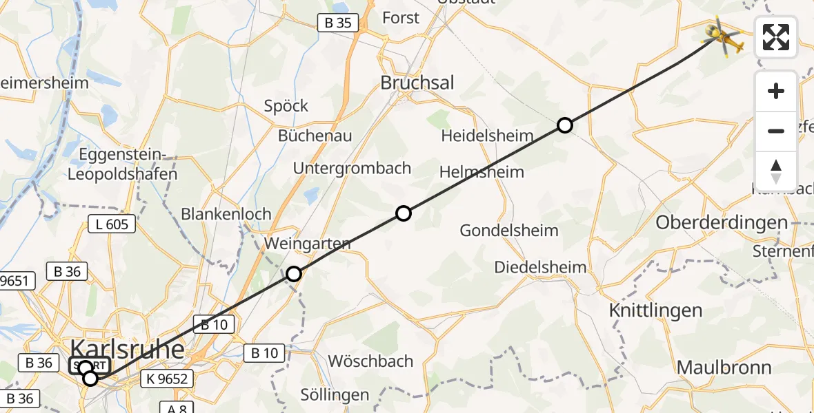 Flugroute Rettungshubschrauber Sankt Vincentius Hospital - Kraichtal, 25 Mai 2026, 11:45