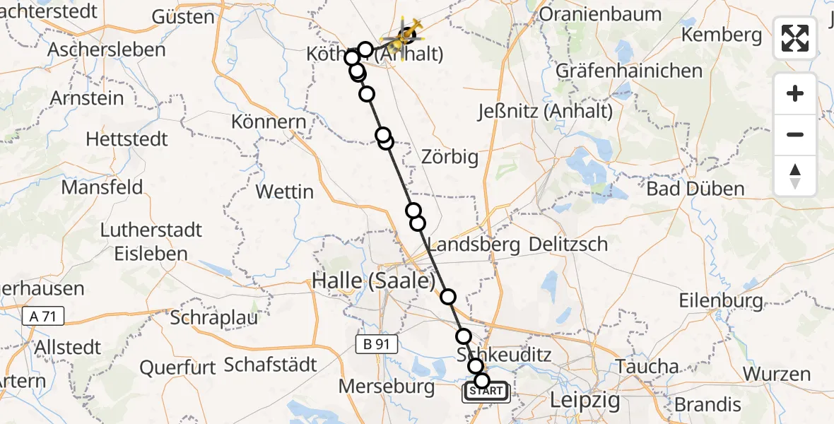 Flugroute Rettungshubschrauber ADAC Air Rescue Station Leipzig/Schkeuditz-Dölzig Hubschrauberlandeplatz (Christoph 61) - Köthen (Anhalt), 25 Mai 2026, 11:47