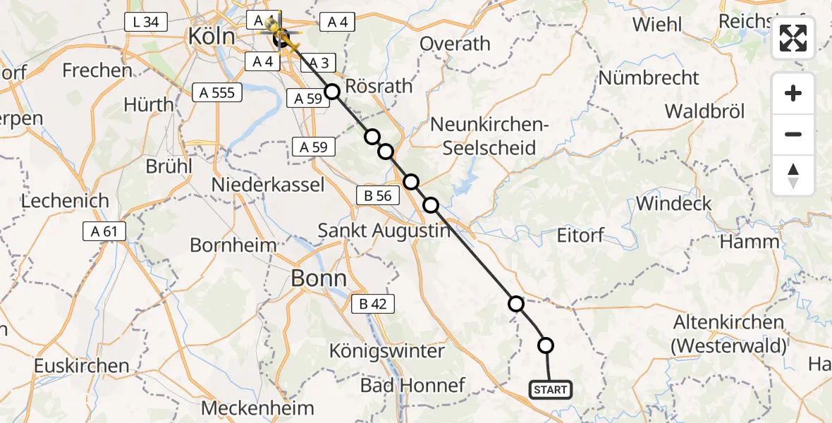 Flugroute Rettungshubschrauber Asbach - Merheim Hospital, 25 Mai 2026, 11:48