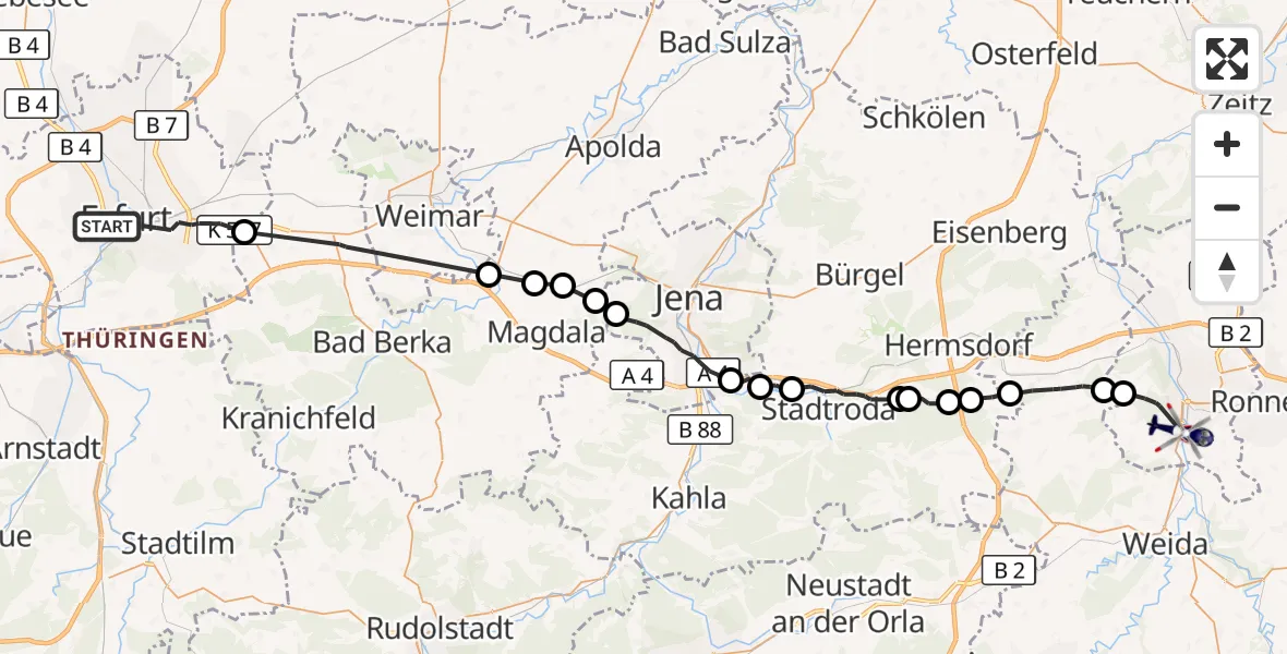 Flugroute Polizeihubschrauber Erfurt - Gera, 25 Mai 2026, 11:49