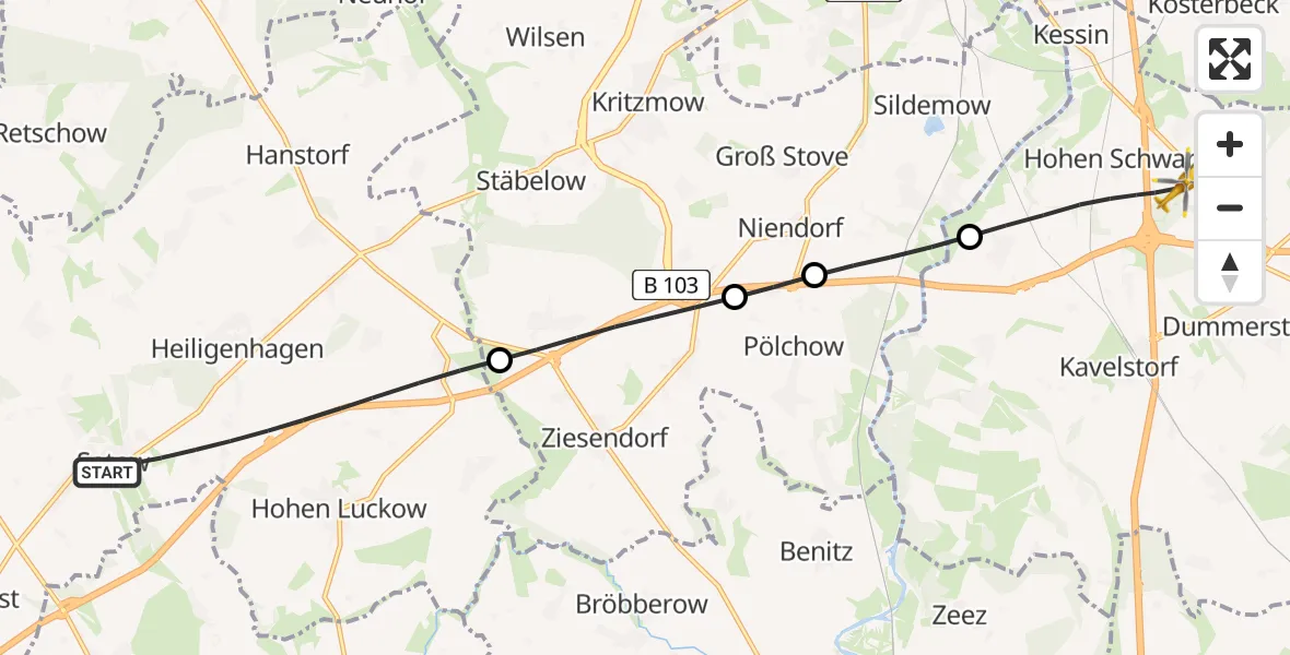 Flugroute Ambulanzhubschrauber Satow - Dummerstorf, 25 Mai 2026, 11:50