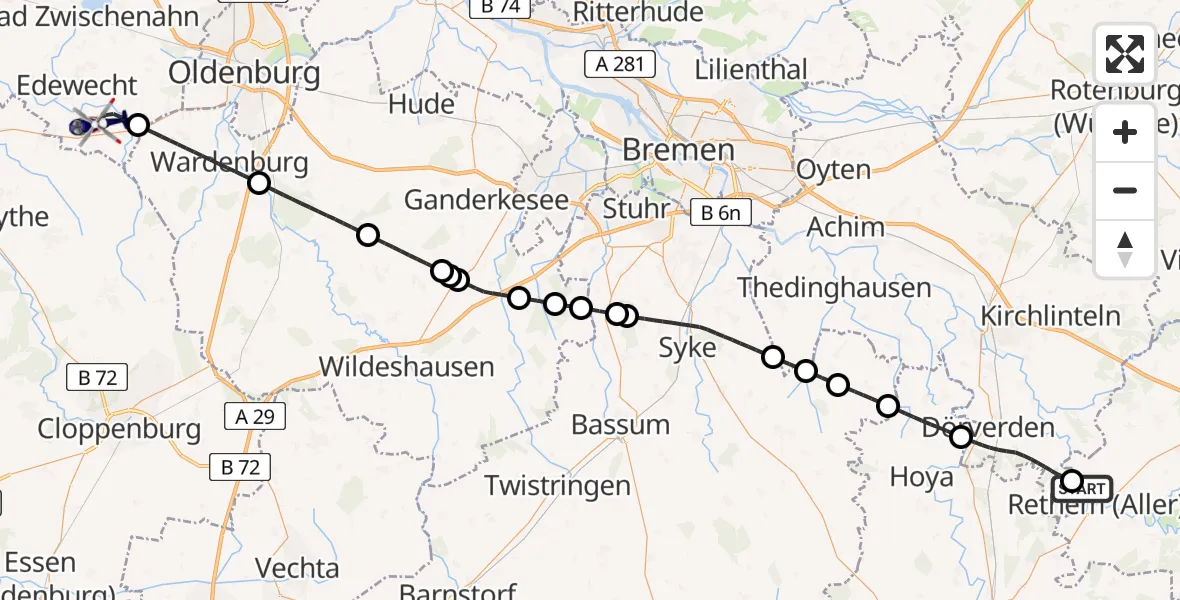 Flugroute Polizeihubschrauber Rethem (Aller) - Edewecht, 25 Mai 2026, 11:53