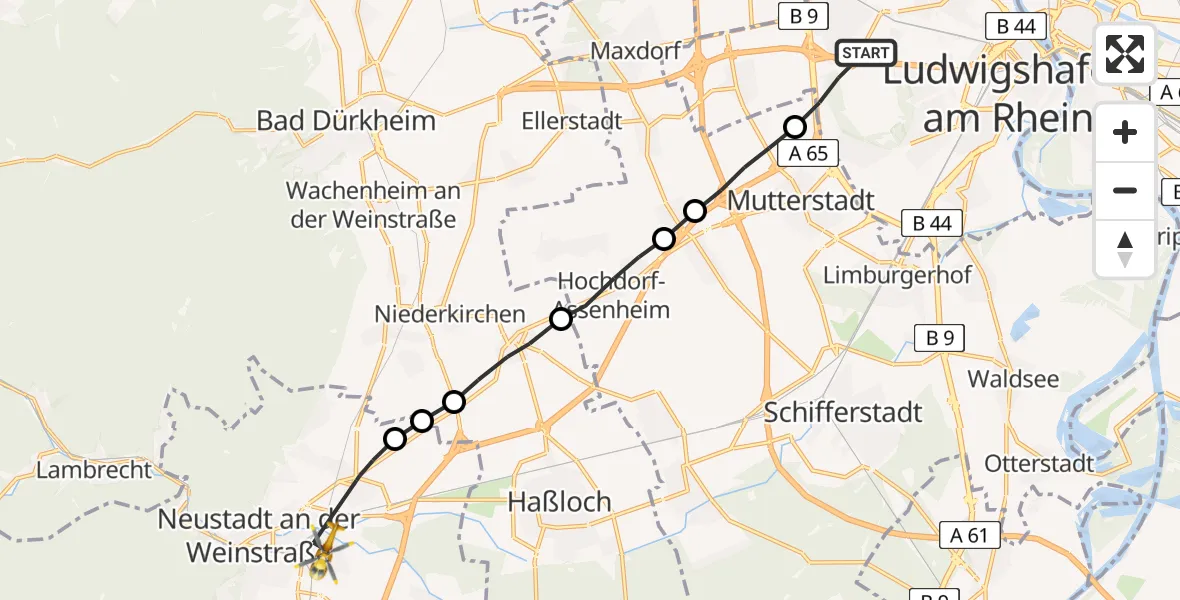 Flugroute Rettungshubschrauber Ludwigshafen am Rhein - Neustadt an der Weinstraße, 25 Mai 2026, 11:55