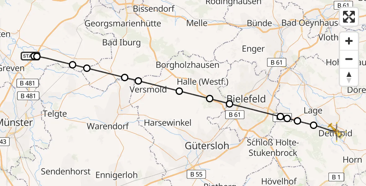 Flugroute Ambulanzhubschrauber Christoph  Westfalen-ADAC - Detmold, 25 Mai 2026, 11:55
