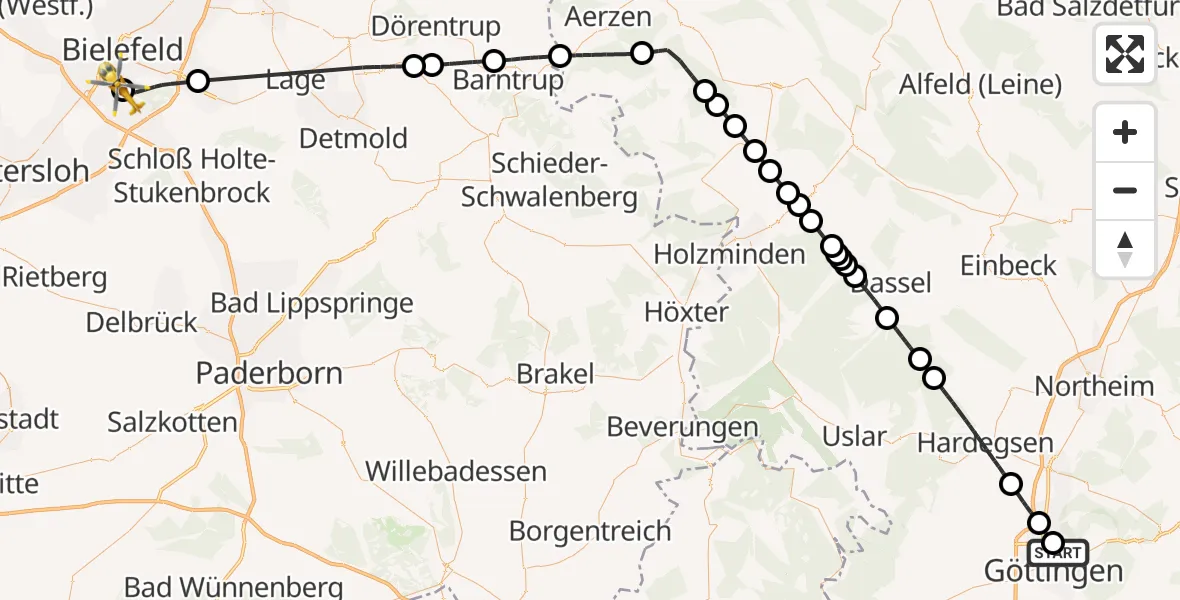 Flugroute Rettungshubschrauber Göttingen University Clinic Hubschrauberlandeplatz - Luftrettungszentrum Bielefeld, 25 Mai 2026, 12:06