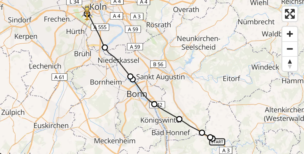 Flugroute Rettungshubschrauber Neustadt (Wied) - Köln University Hospital, 25 Mai 2026, 12:07