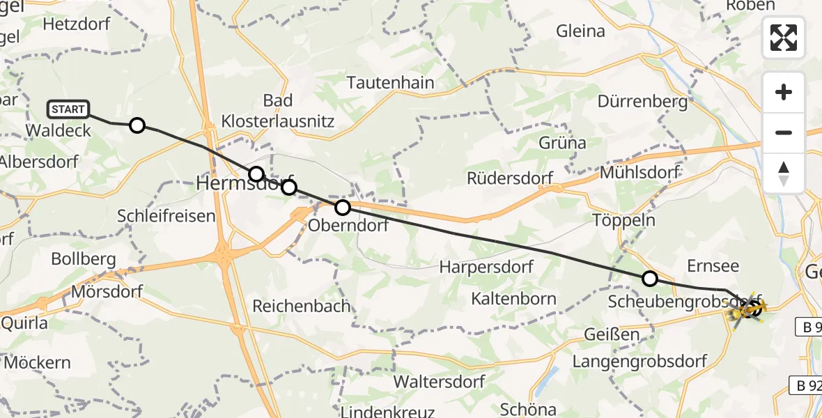 Flugroute Rettungshubschrauber Waldeck - SRH Wald-Klinikum Gera Hospital, 25 Mai 2026, 12:07