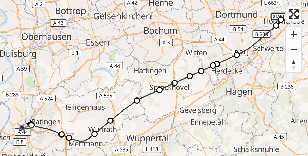 Flugroute Polizeihubschrauber Dortmund Flughafen - Düsseldorf Flughafen, 25 Mai 2026, 12:13