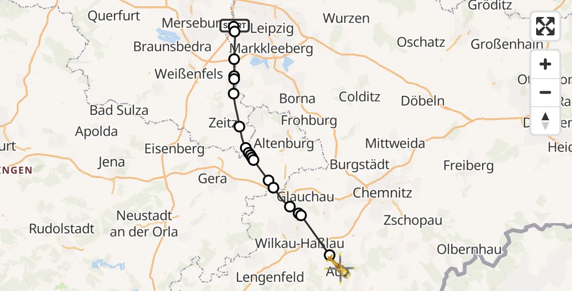 Flugroute Rettungshubschrauber ADAC Air Rescue Station Leipzig/Schkeuditz-Dölzig Hubschrauberlandeplatz (Christoph 61) - Aue-Bad Schlema, 25 Mai 2026, 12:15