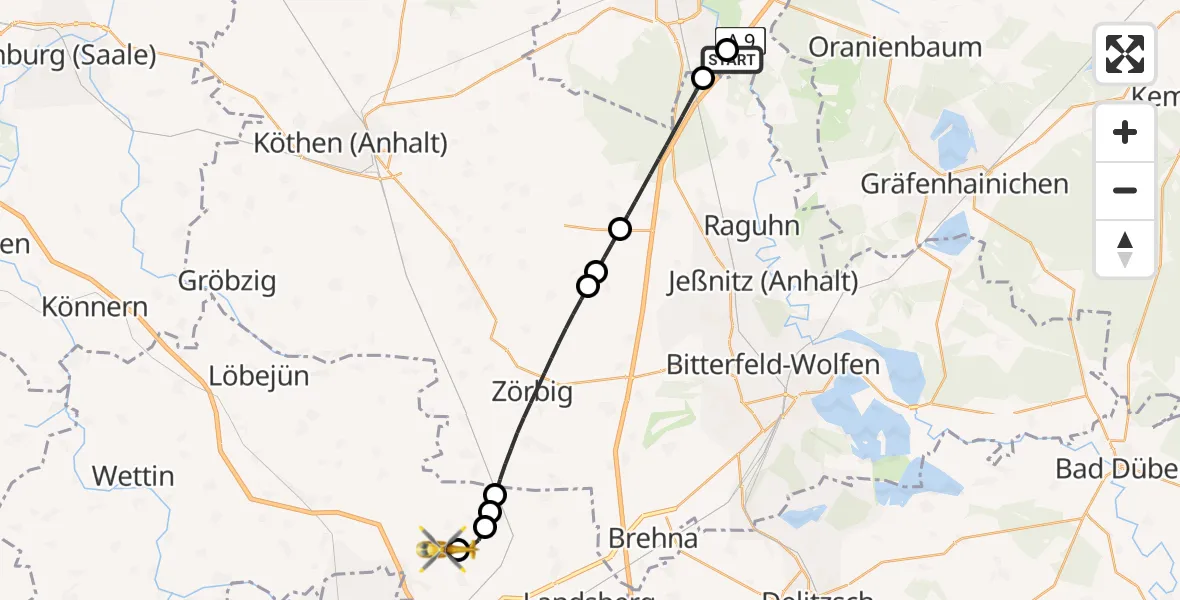 Flugroute Rettungshubschrauber Raguhn-Jeßnitz - Halle-Oppin Flugplatz, 25 Mai 2026, 12:20