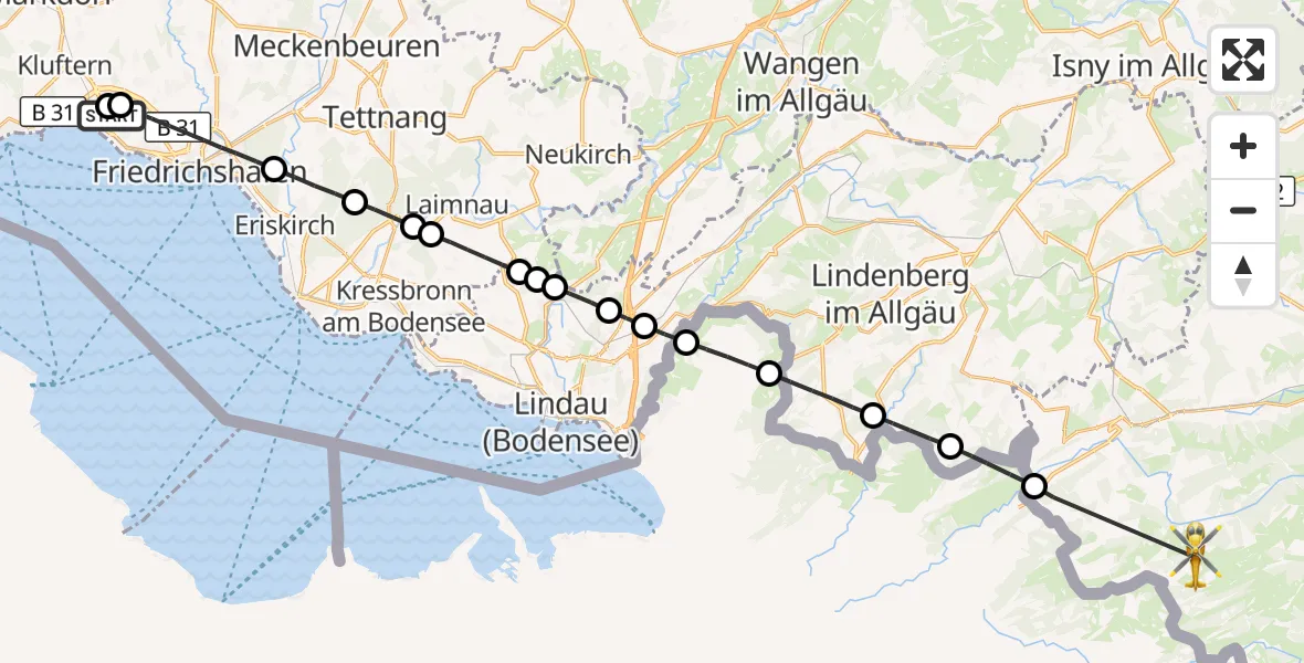 Flugroute Rettungshubschrauber Friedrichshafen Hospital - Oberstaufen, 25 Mai 2026, 12:21