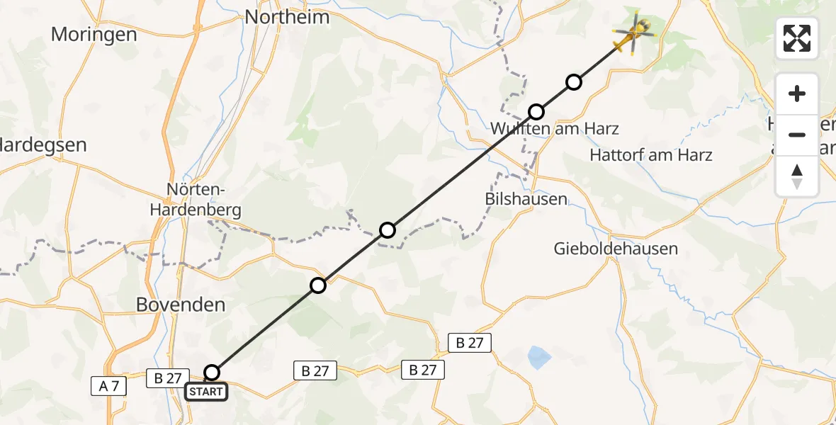 Flugroute Rettungshubschrauber Göttingen University Clinic Hubschrauberlandeplatz - Osterode am Harz, 25 Mai 2026, 12:26