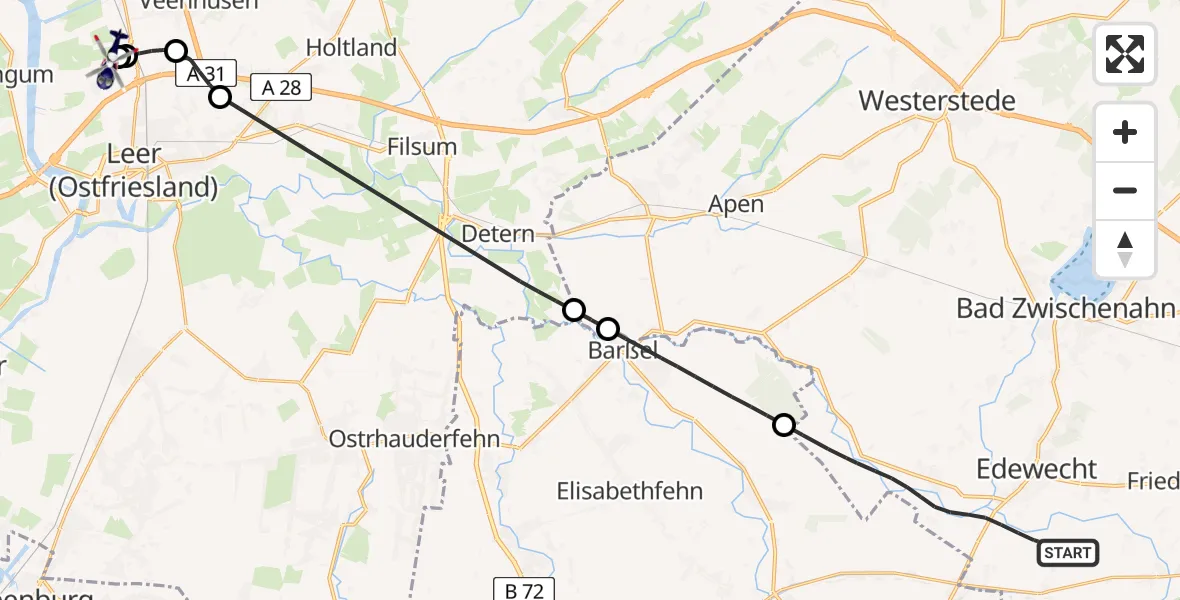 Flugroute Polizeihubschrauber Edewecht - Flugplatz Leer-Papenburg, 25 Mai 2026, 12:26