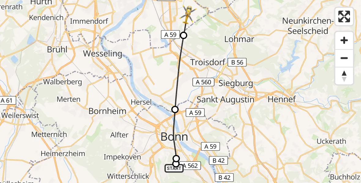 Flugroute Rettungshubschrauber Bonn University Hospital - Köln Bonn Flughafen, 25 Mai 2026, 12:27