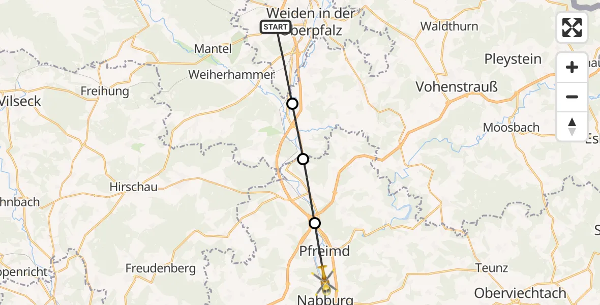 Flugroute Rettungshubschrauber Weiden i.d.OPf. - Nabburg, 25 Mai 2026, 12:28