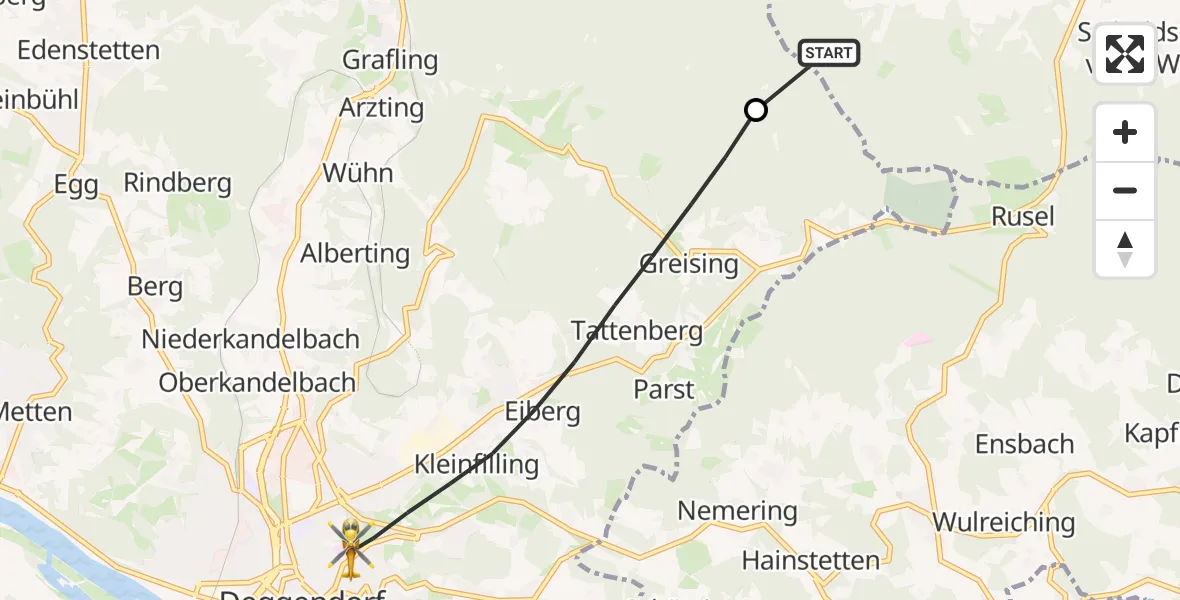 Flugroute Rettungshubschrauber Bischofsmais - Deggendorf, 25 Mai 2026, 12:28