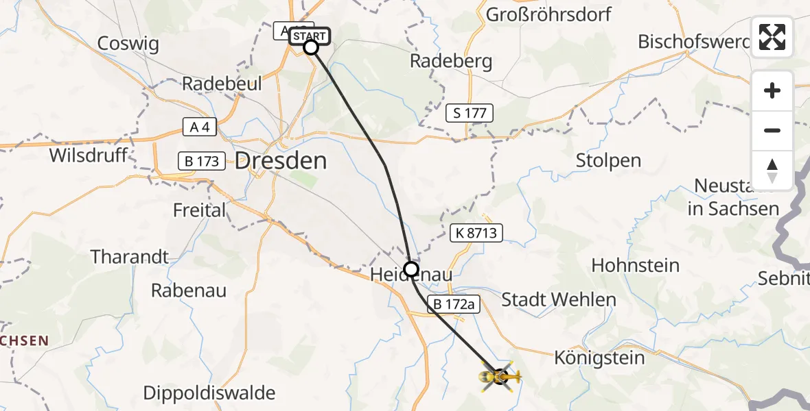 Flugroute Rettungshubschrauber Dresden Flughafen - Dohma, 25 Mai 2026, 12:28