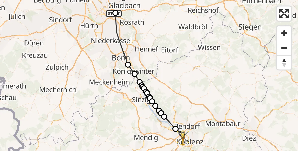 Flugroute Rettungshubschrauber Merheim Hospital - Koblenz, 25 Mai 2026, 12:28