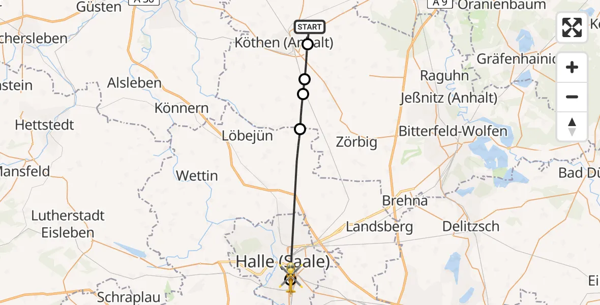 Flugroute Rettungshubschrauber Köthen (Anhalt) - BG Hospital Bergmannstrost Halle, 25 Mai 2026, 12:29