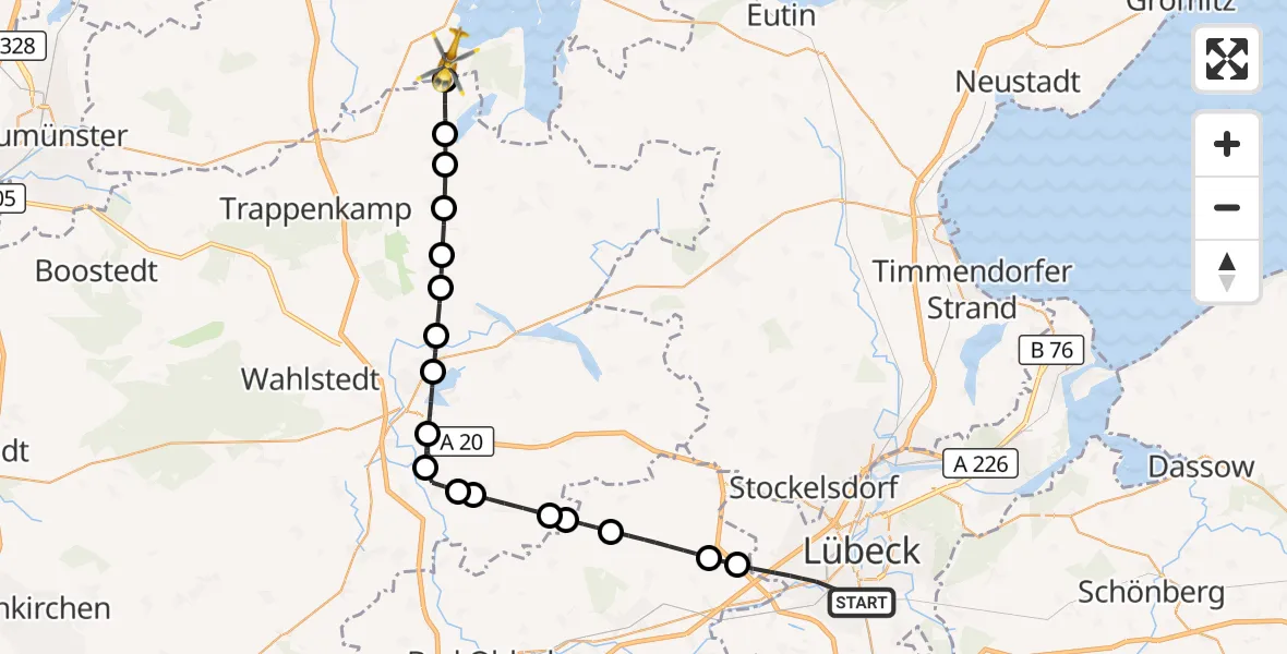 Flugroute Rettungshubschrauber Lübeck - Dersau, 25 Mai 2026, 12:39