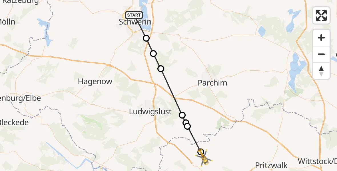 Flugroute Rettungshubschrauber Schwerin - Karstädt, 25 Mai 2026, 12:39