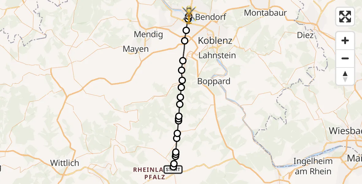 Flugroute Rettungshubschrauber Kirchberg (Hunsrück) - Neuwied, 25 Mai 2026, 12:40