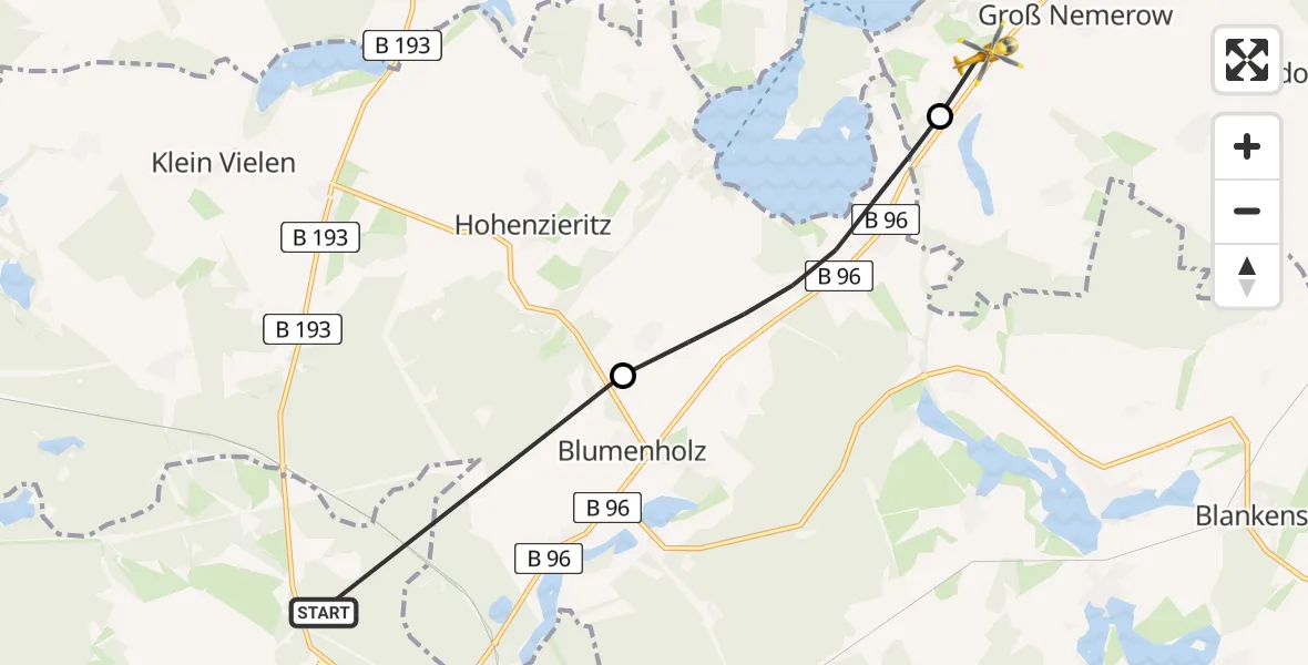 Flugroute Rettungshubschrauber Neustrelitz - Groß Nemerow, 25 Mai 2026, 12:41