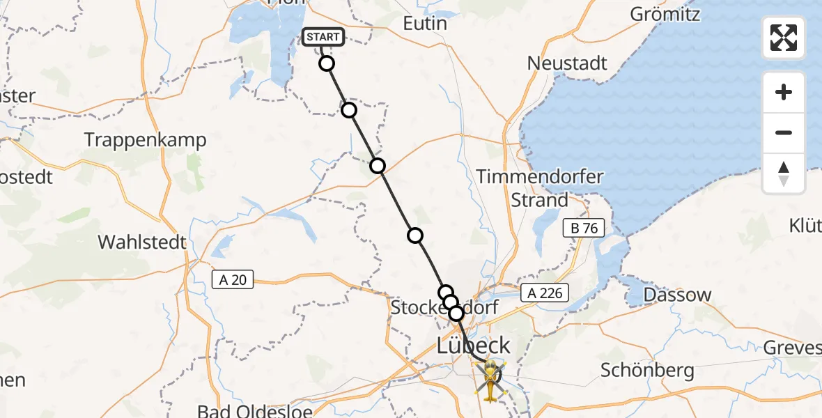 Flugroute Rettungshubschrauber Bösdorf - Lübeck, 25 Mai 2026, 12:44