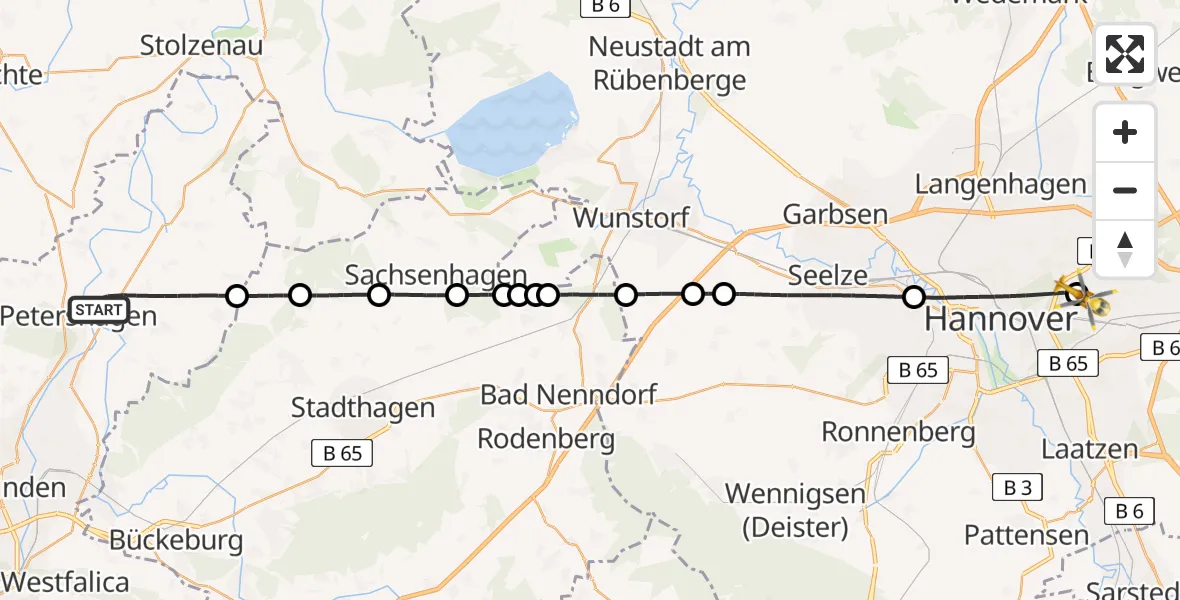 Flugroute Rettungshubschrauber Petershagen - Hannover Luftrettung Hubschrauberlandeplatz (Christoph 4), 25 Mai 2026, 12:46