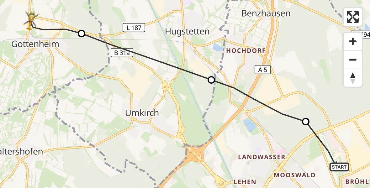 Flugroute Rettungshubschrauber Freiburg im Breisgau Flugplatz - Gottenheim, 25 Mai 2026, 12:47