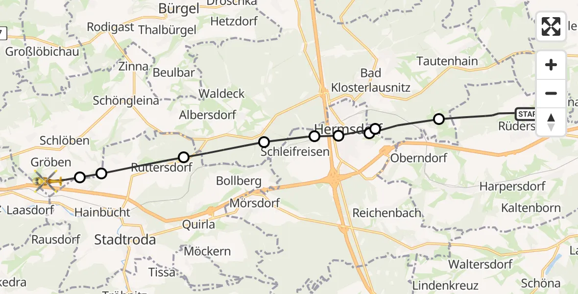 Flugroute Rettungshubschrauber Kraftsdorf - Schlöben, 25 Mai 2026, 12:47