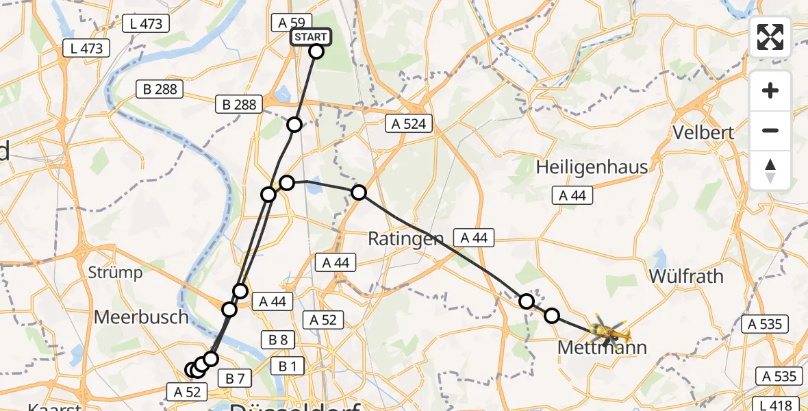 Flugroute Rettungshubschrauber Duisburg Air Rescue Hubschrauberlandeplatz (Christoph 9) - Mettmann, 25 Mai 2026, 12:48