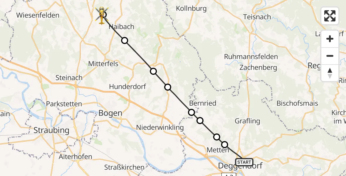 Flugroute Rettungshubschrauber Deggendorf - Haselbach, 25 Mai 2026, 12:49