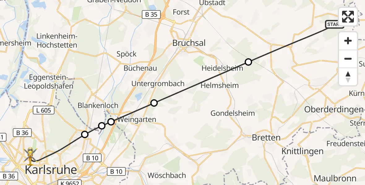 Flugroute Rettungshubschrauber Kraichtal - Karlsruhe, 25 Mai 2026, 12:49