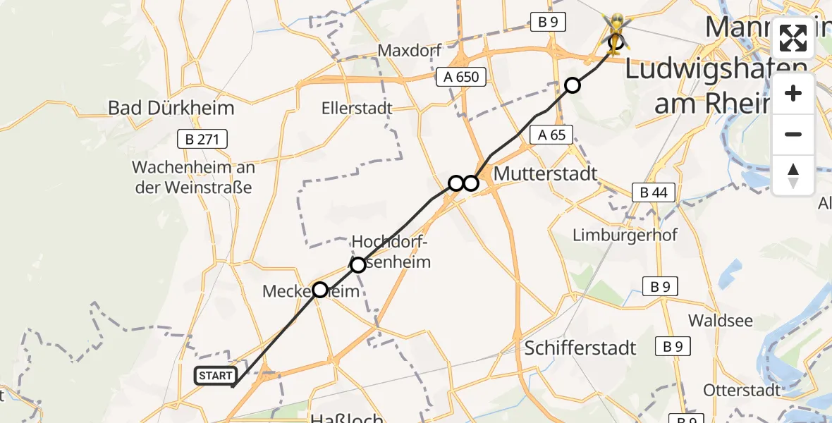 Flugroute Rettungshubschrauber Neustadt an der Weinstraße - Ludwigshafen Accident Hospital, 25 Mai 2026, 12:56