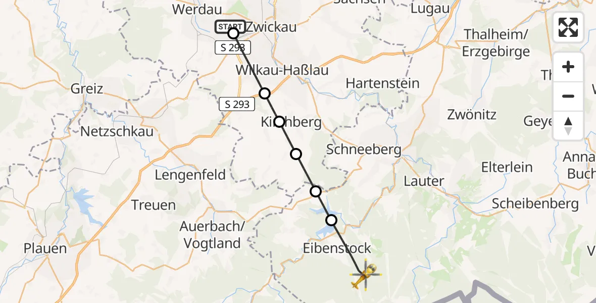 Flugroute Rettungshubschrauber ADAC Air Rescue Station Zwickau Hubschrauberlandeplatz - Eibenstock, 25 Mai 2026, 12:59