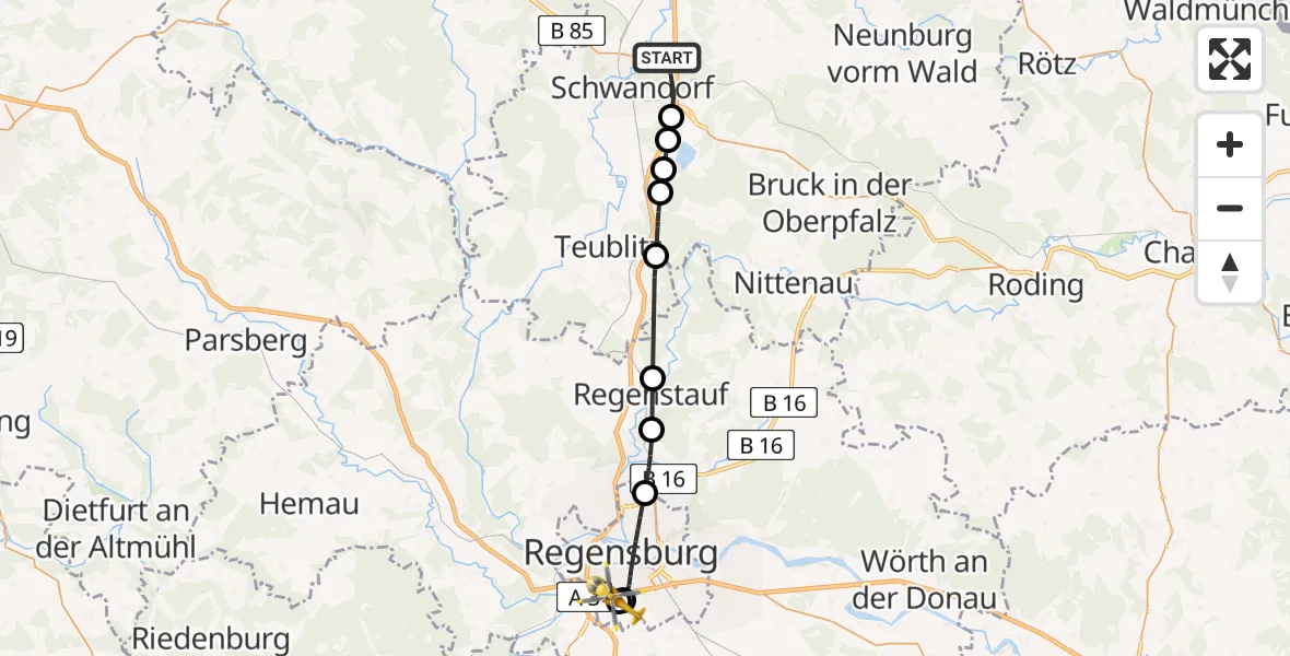 Flugroute Rettungshubschrauber Schwandorf - DRF Air Rescue Station Regensburg / Regensburg University Hospital, 25 Mai 2026, 13:02