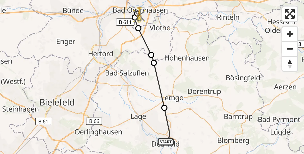 Flugroute Ambulanzhubschrauber Detmold - Bad Oeynhausen, 25 Mai 2026, 13:08