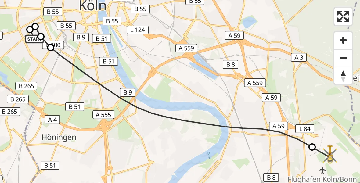 Flugroute Rettungshubschrauber Köln University Hospital - Köln Bonn Flughafen, 25 Mai 2026, 13:09